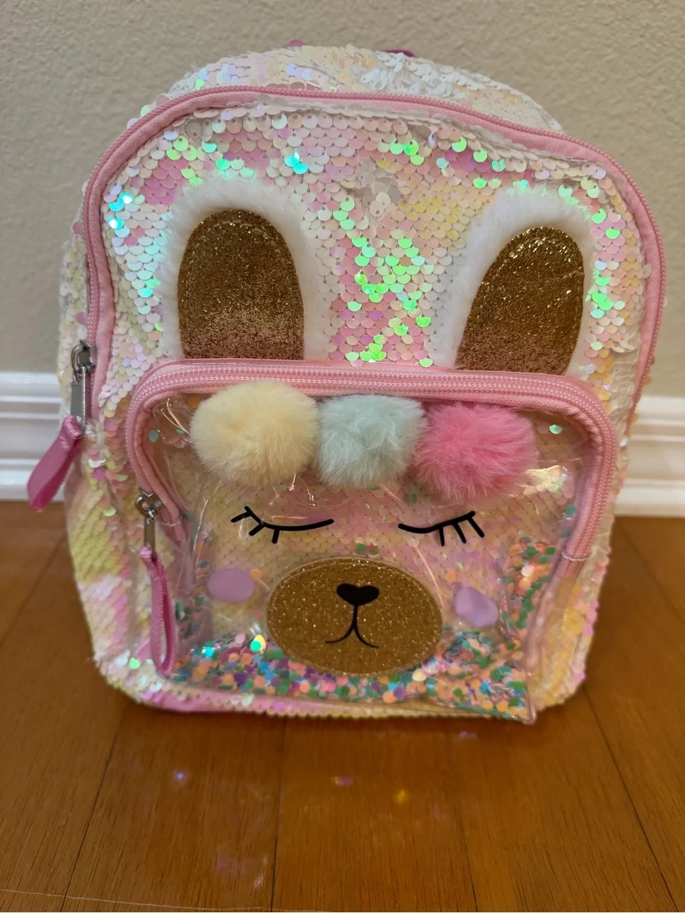 Cat & Jack Pink Iridescent Sequin Llama Backpack with Gold Accents